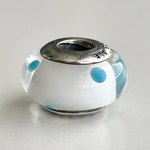 Pandora White & Teal Polka Dots Murano Charm - Picture 3 of 7